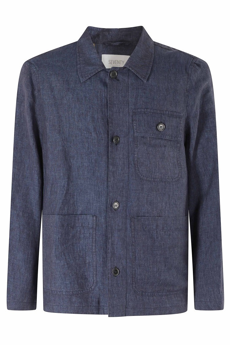 Seventy Blue Flap Pocket Button Placket Linen Casual Shirt