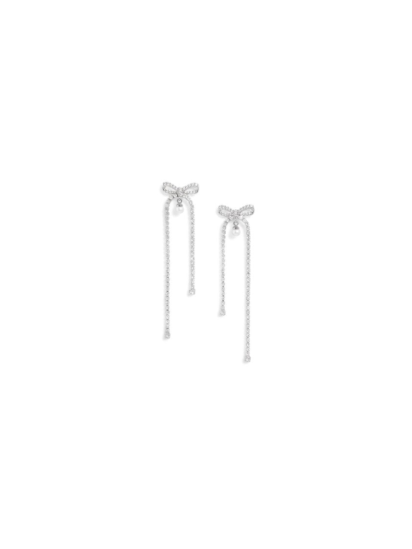 Self-Portrait Crystal Bow Pearl Dangle Earrings With Asymmetrical Chains