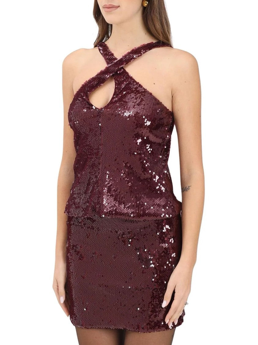 Akep Crimson Sequin Top With Crisscross Halter Neckline
