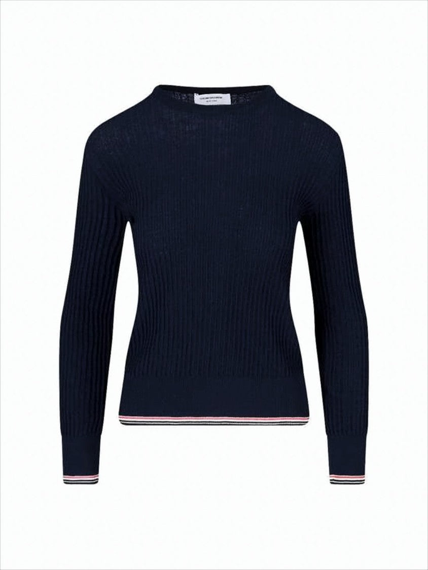 Thom Browne Ribbed Knit Sweater With Tricolor Stripe Trim