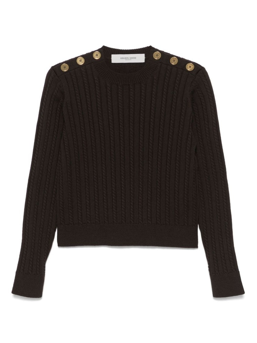 Golden Goose Cable-Knit Brown Sweater With Gold-Tone Button Detail