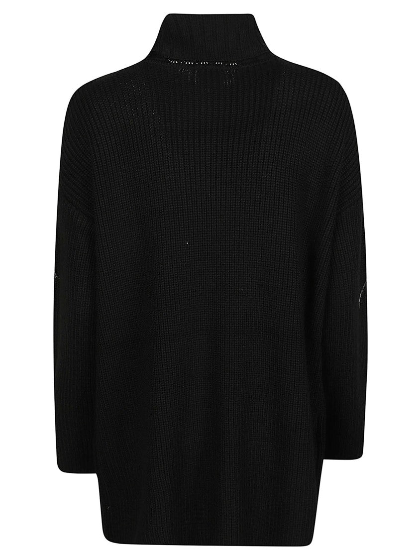Pinko Black Ribbed Turtleneck Sweater With Metallic Fringe Detail