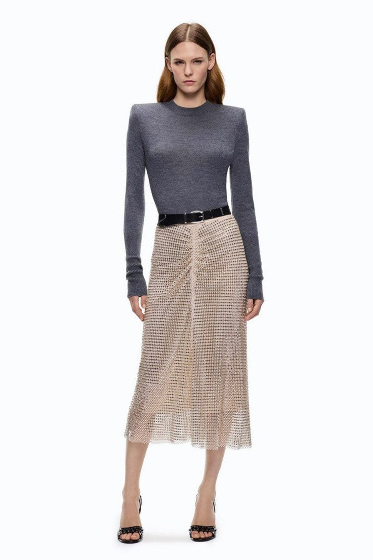 Pinko Grey Wool Ribbed-Cuff Mock-Neck Sweater