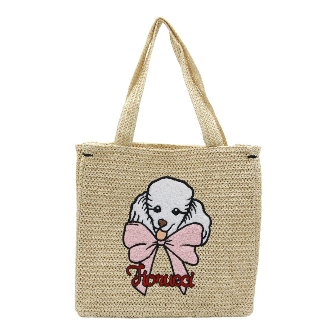 Fiorucci Textured Beige Woven Tote Bag With Poodle Embroidery
