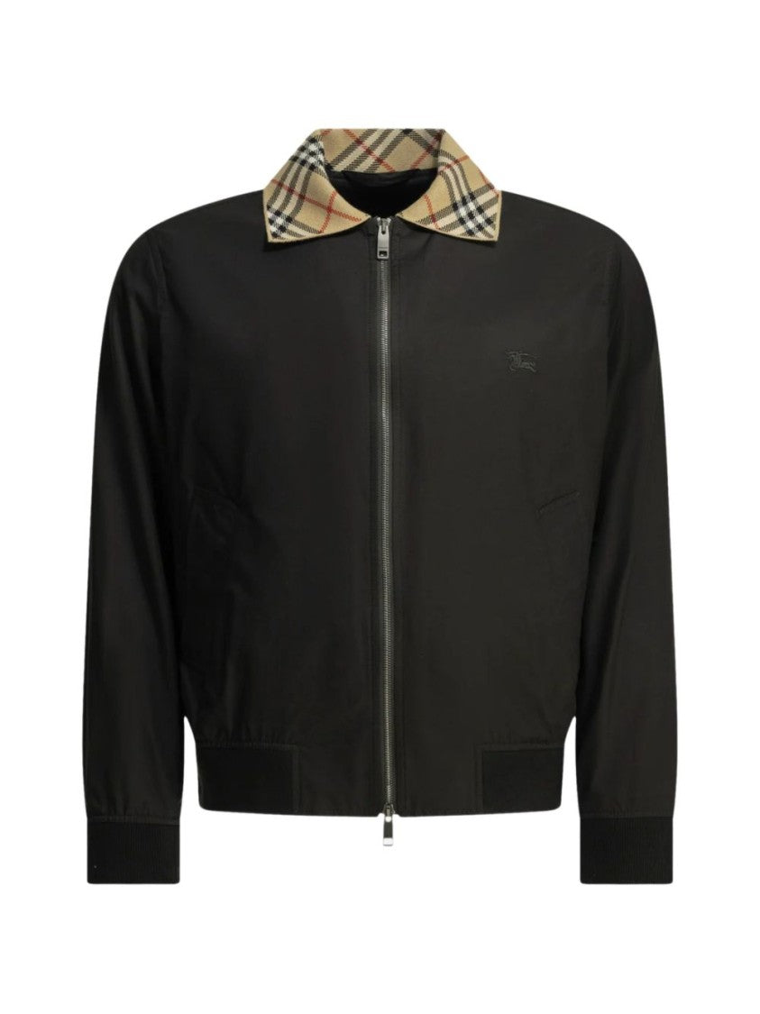 Burberry Black Minimalist Zip-Up Checkered Collar Jacket