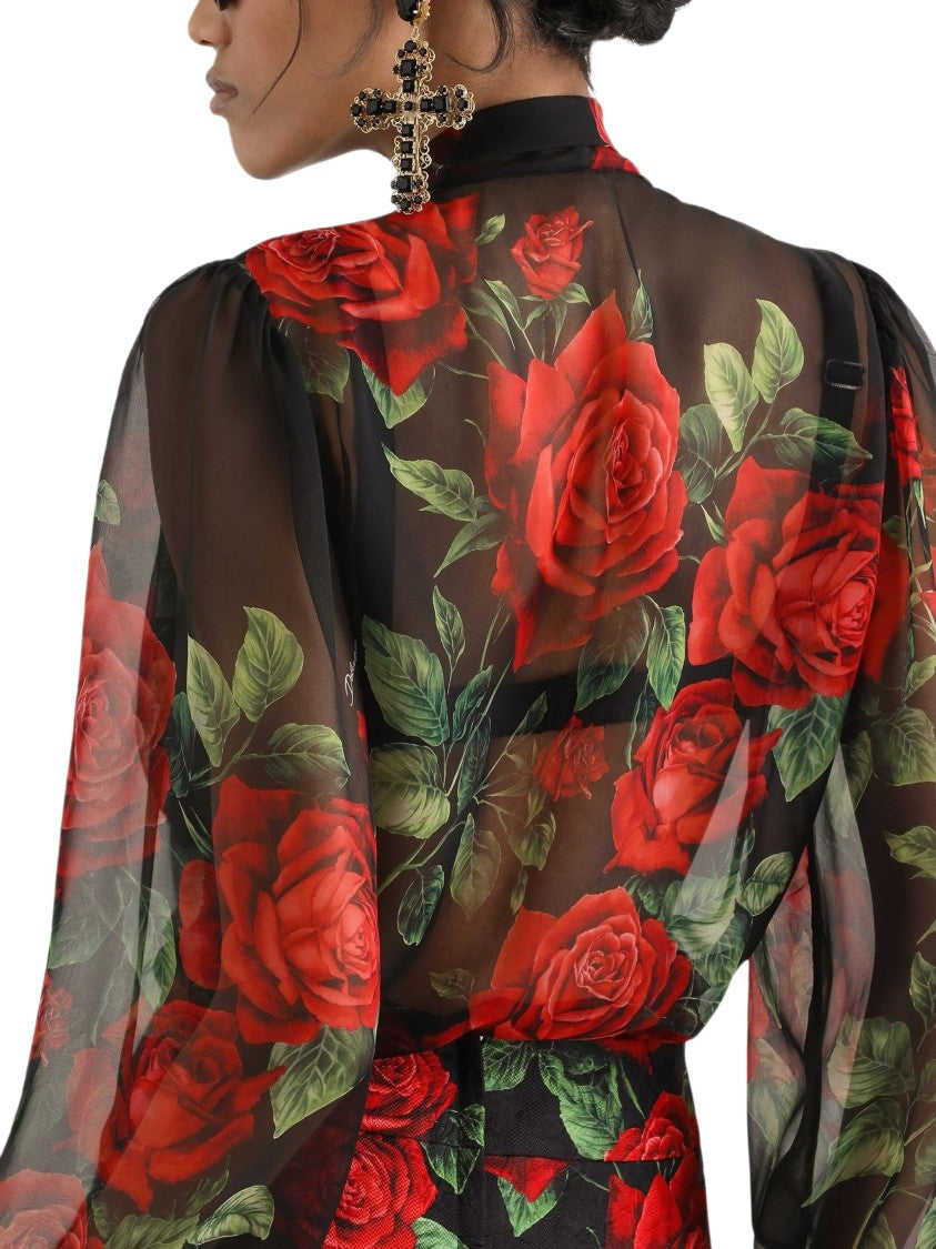 Dolce & Gabbana Multicolour Rose Print Silk Chiffon Blouse