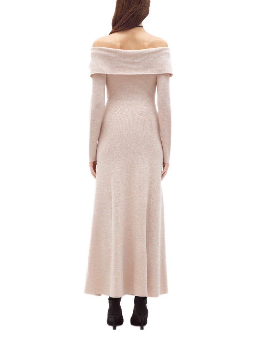 Blugirl Fitted Knit Maxi Dress With Off-Shoulder Neckline And Removable Brooch