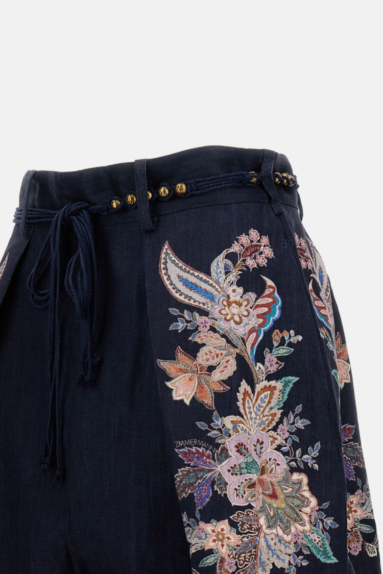 Zimmermann Pleated Floral-Print Shorts With Scalloped Hem And Rope Waist Belt