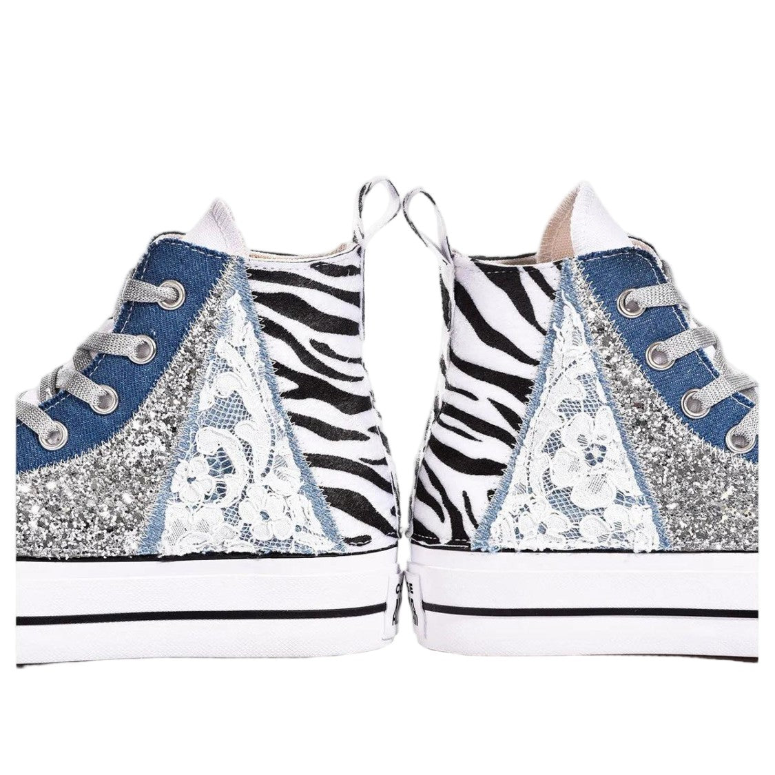 Converse Blue Handmade Zebra Lace Glitter Sneakers