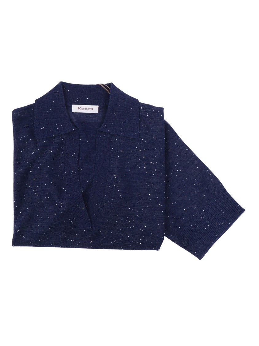 Kangra Cashmere Deep V Neck Sequined Polo Shirt