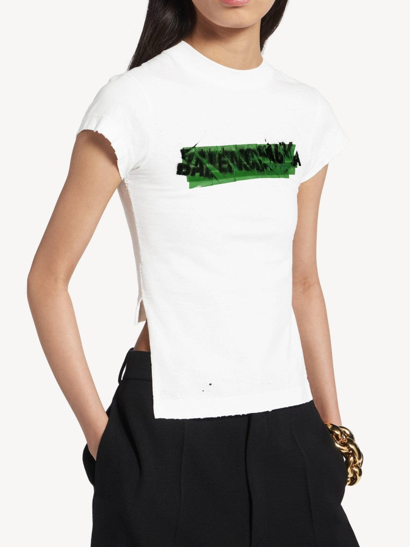 Balenciaga White Chopped Back Cropped Graphic T-Shirt