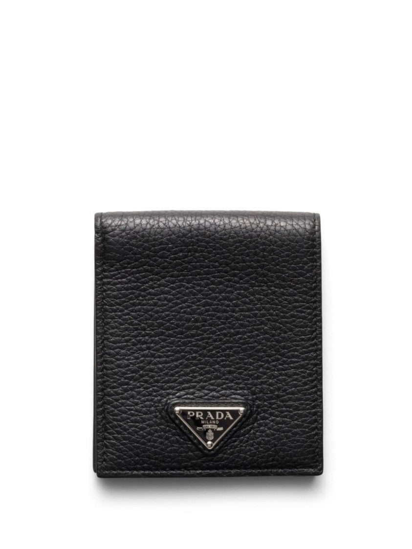 Prada Compact Textured Leather Wallet With Logo Plaque