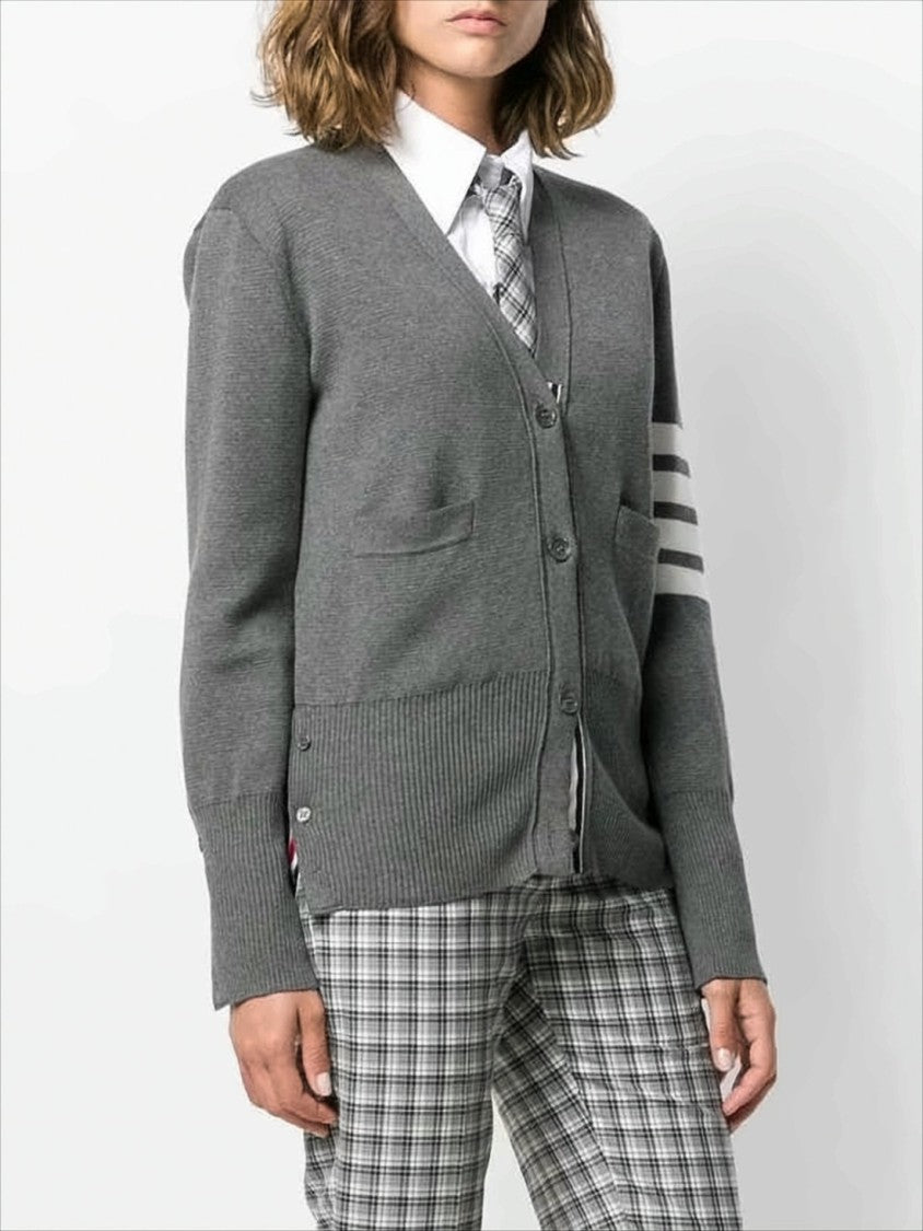 Thom Browne Classic V-Neck Grey Knitwear Cardigan With Striped Accents