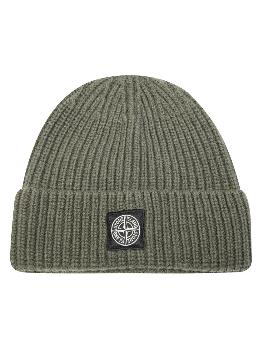 Stone Island Ribbed Knit Beanie Hat With Cuff And Patch Detail
