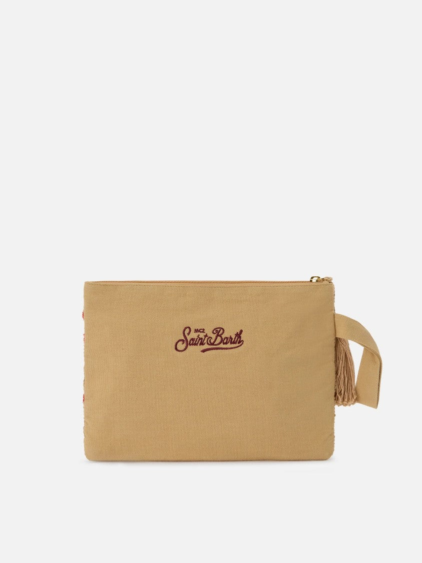 Mc2 Saint Barth Textured Rectangular Clutch Bag With Coral Embroidery