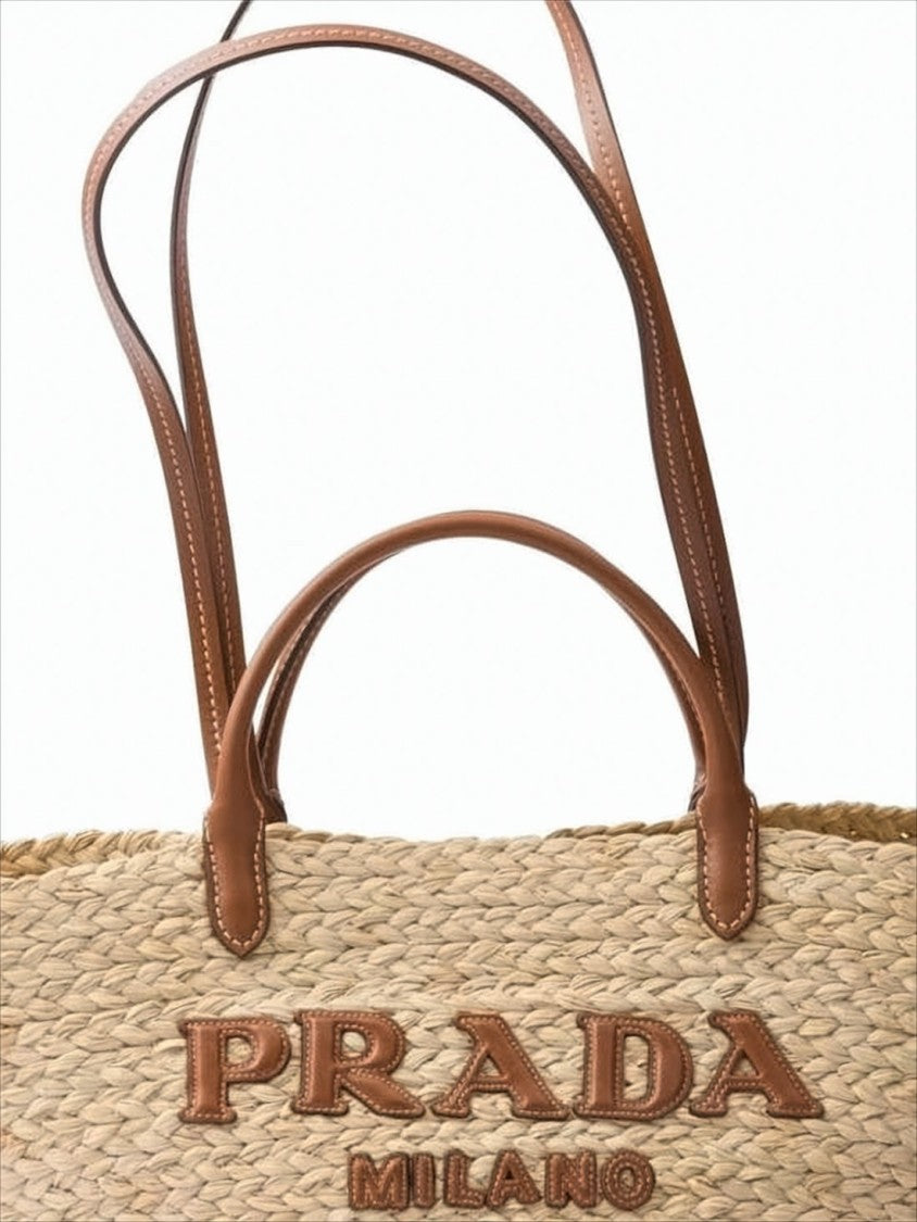 Prada Trapezoidal Raffia Shoulder Bag With Embossed Logo Detail