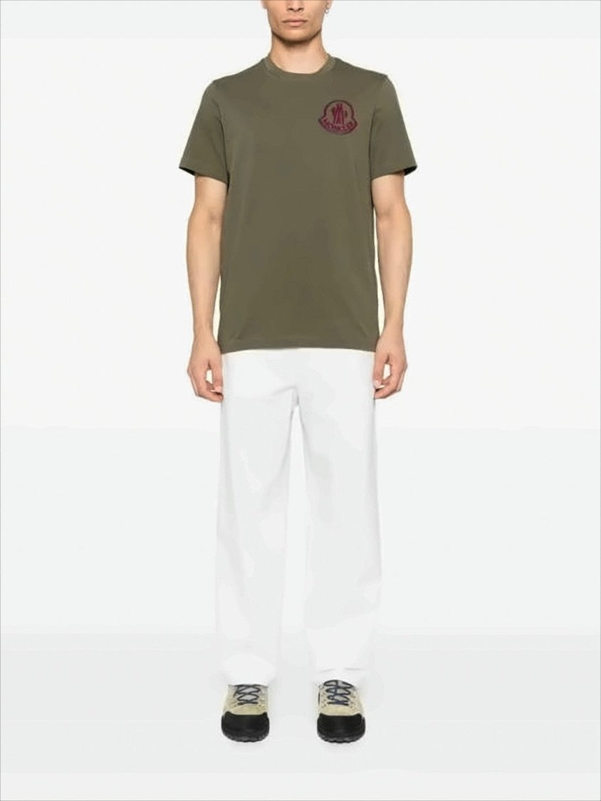 Moncler Olive Green Cotton T-Shirt With Emblem