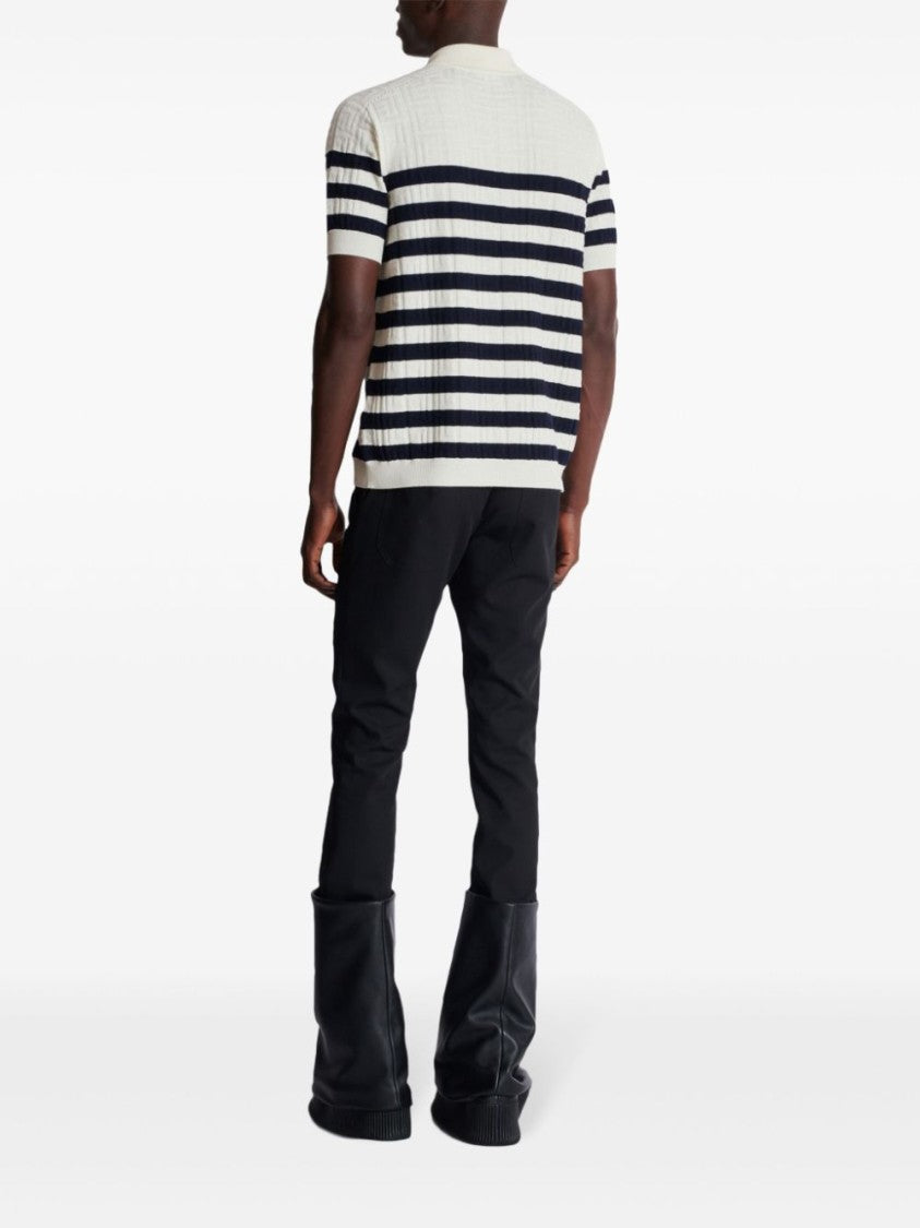 Balmain White Knitted Monogram Virgin Wool Polo Shirt