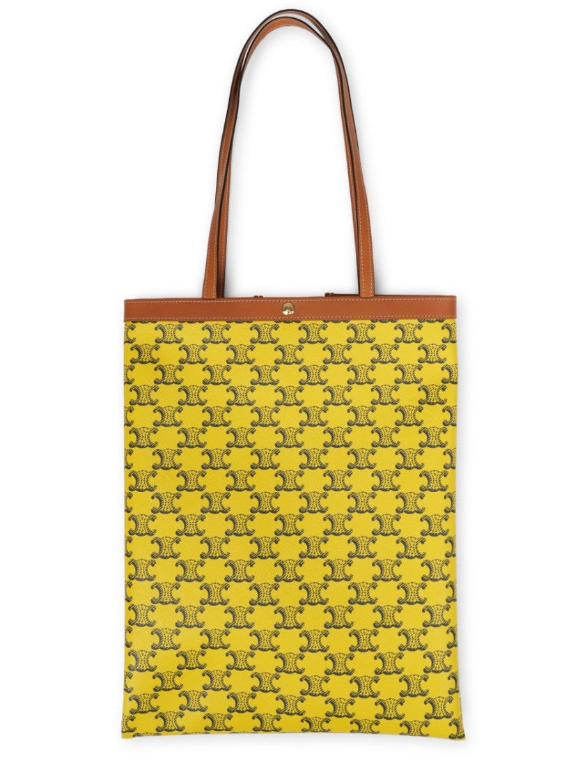 Celine Intricate Patterned Yellow Fabric Tote Bag With Leather Trim