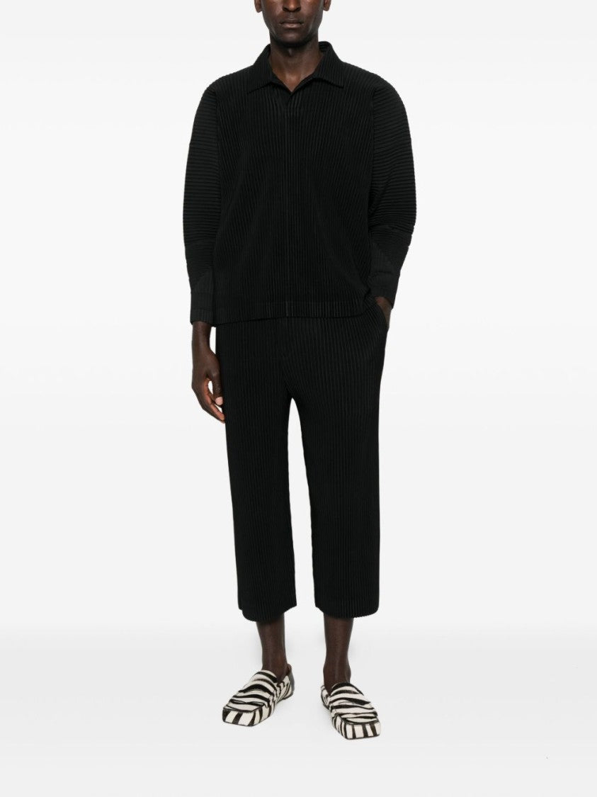 Homme Plissé Issey Miyake Pleated Texture Long-Sleeve Polo With Structured Neckline