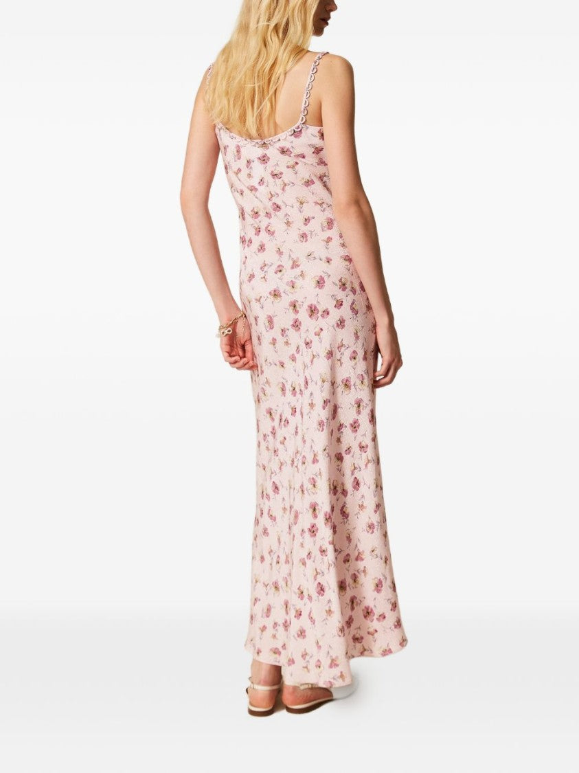 Twin-Set Flowing Pink Maxi Dress With Floral Pattern