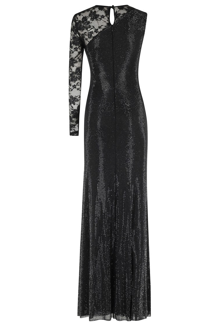 Self-Portrait Rhinestone Lace Sleeve Maxi Dress With Draped Front And Side Slit