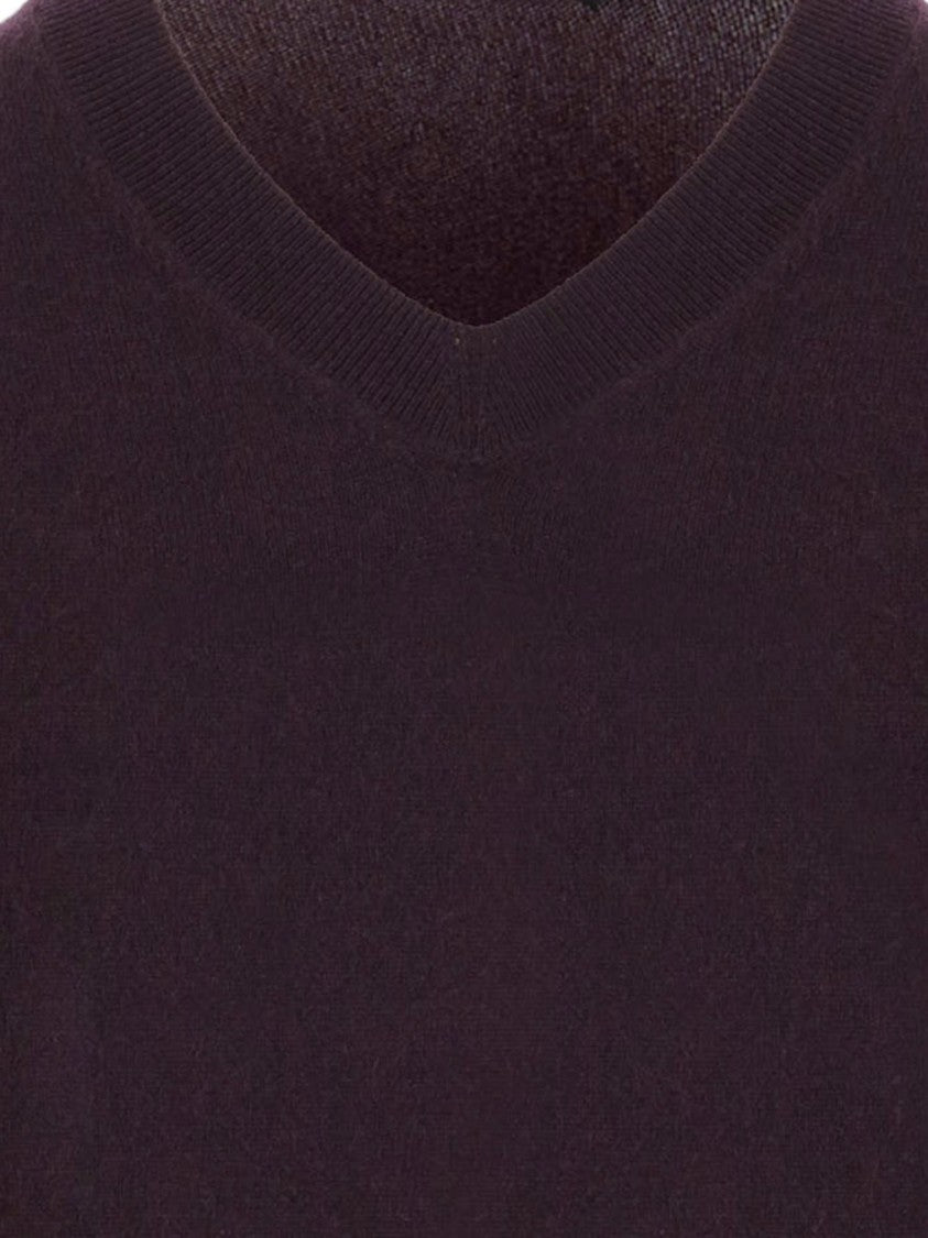 Allude Dark Purple Ribbed V-Neck Cashmere Sweater