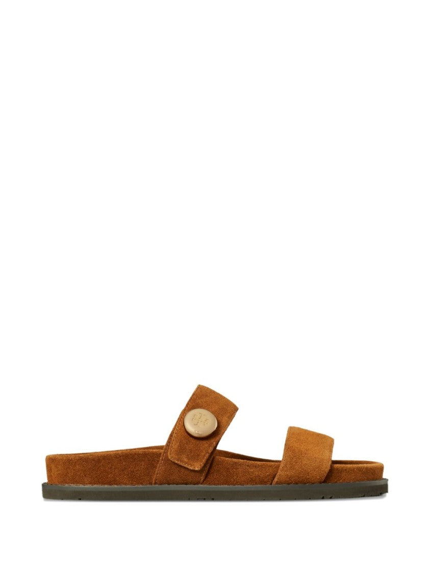 Tory Burch Brown Double-Strap Flat Sandals With Button Detail