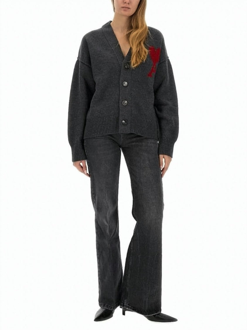 Ami Paris Grey Wool Cardigan With Deep V-Neckline