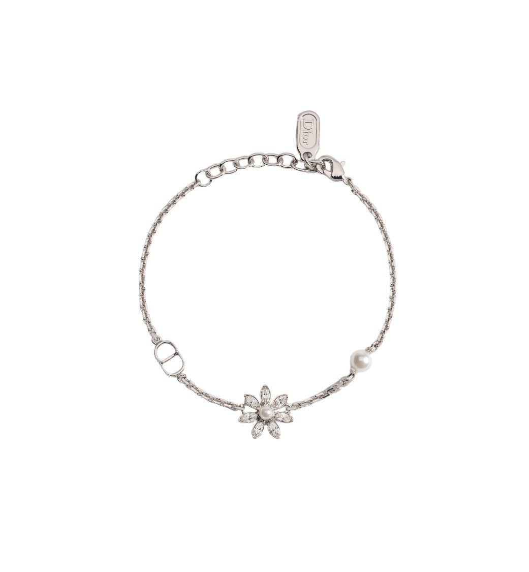Christian Dior Clear Crystal And Pearl Floral Motif Bracelet