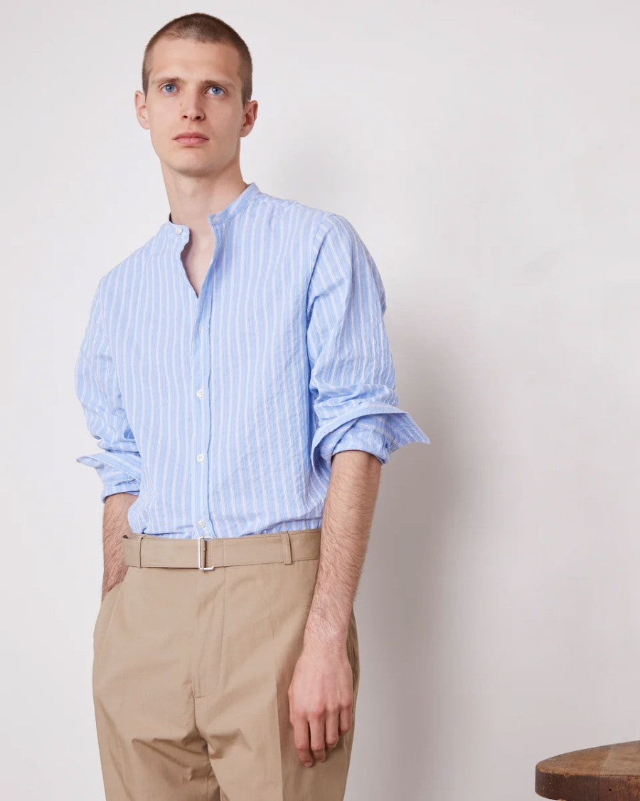 Officine Generale Band Collar Shirt With Gathered Pleats