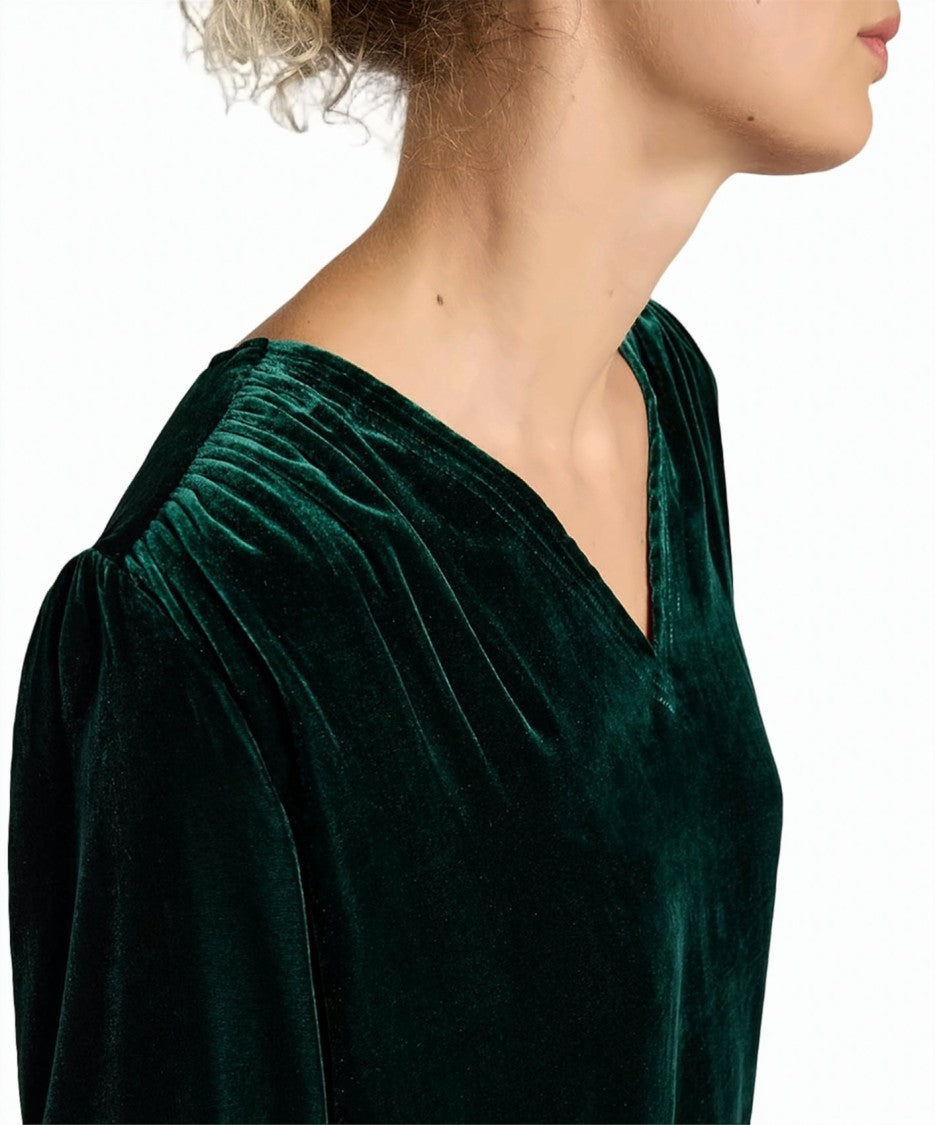 Momonì Apple Long-Sleeve Viscose-Silk Velvet V-Neck Blouse