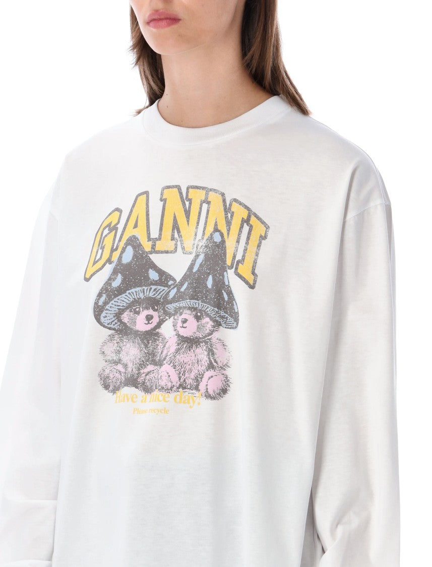 Ganni Long-Sleeved Top With Playful Mushroom Teddy Graphic