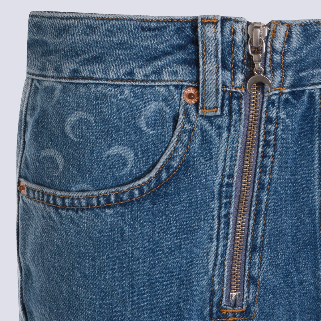 Marine Serre Denim Mini Skirt With Crescent Moon Patterns And Metallic Zippers