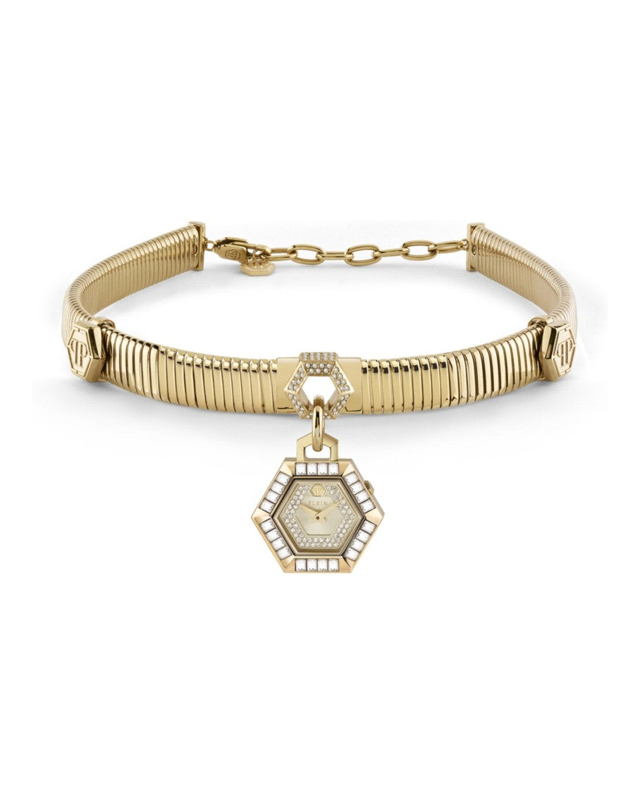 Philipp Plein Hexagon Crystal Necklace Watch With Gold Sunray Dial