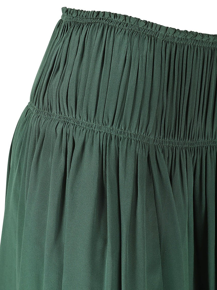 Chloé Flowing Green Silk Skirt With Gathered Waistband