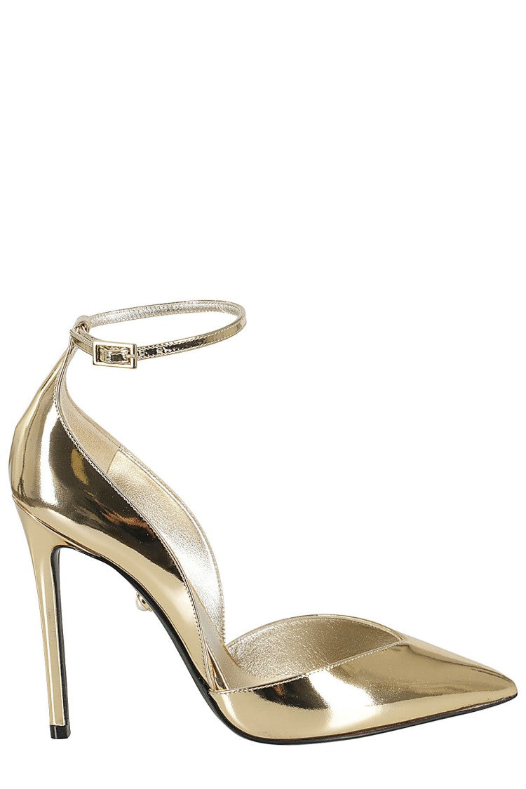 Alevi` Milano Metallic Gold Pointed Pumps With Adjustable Ankle Strap