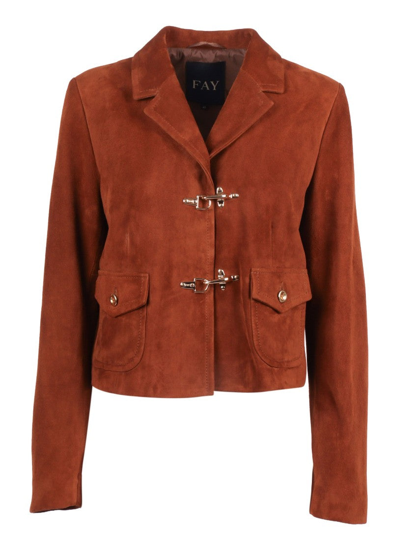 Fay Cropped Suede Jacket With Tailored Collar And Unique Fastenings