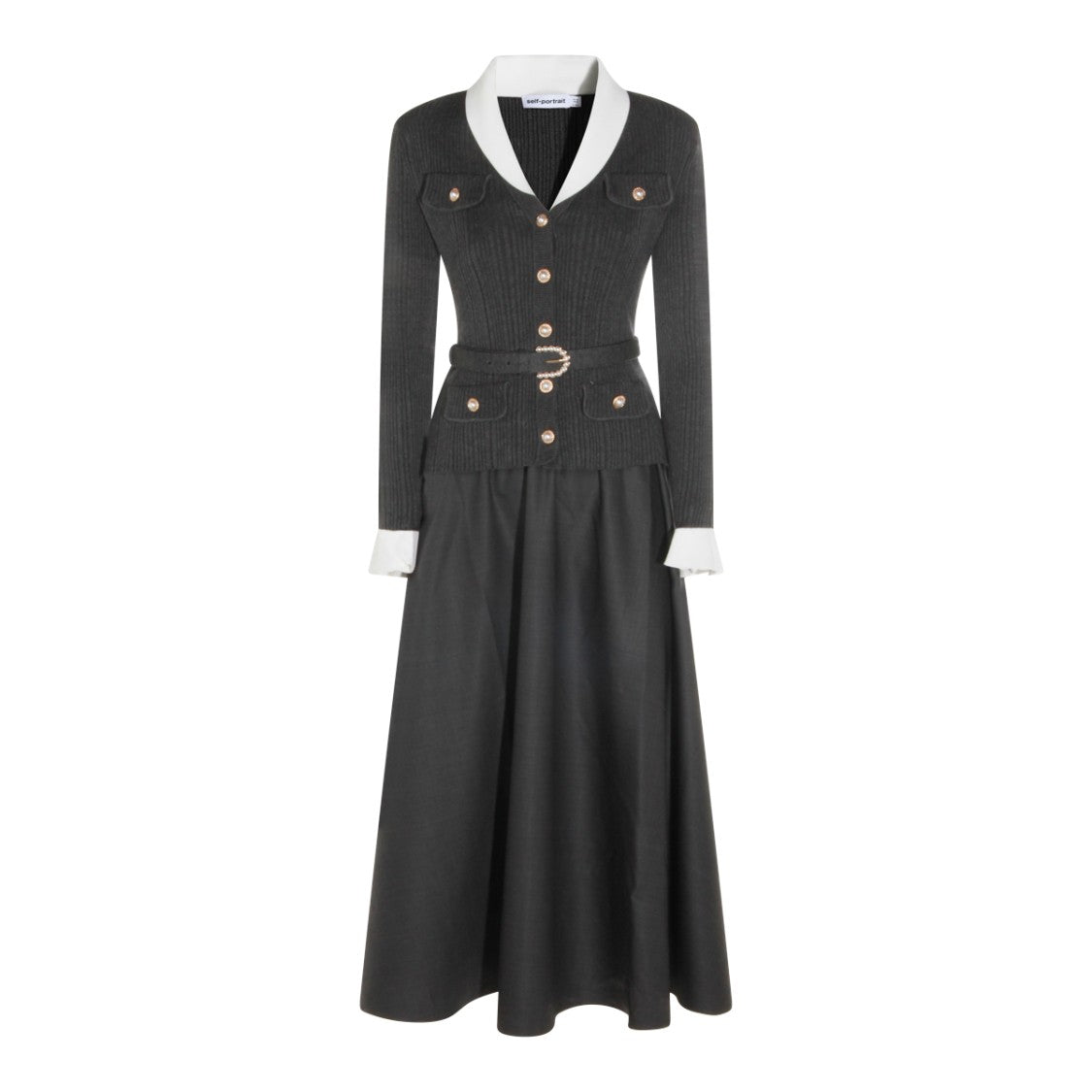 Self-Portrait Long Sleeve Grey Dress With Removable Belt And Pearl Buttons