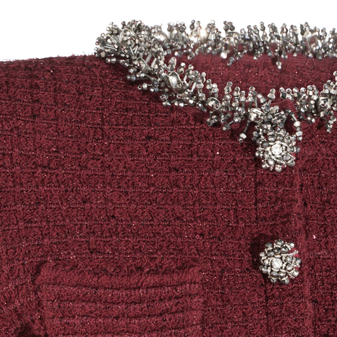 Self-Portrait Burgundy Silver Embellished Tweed Flared Dress