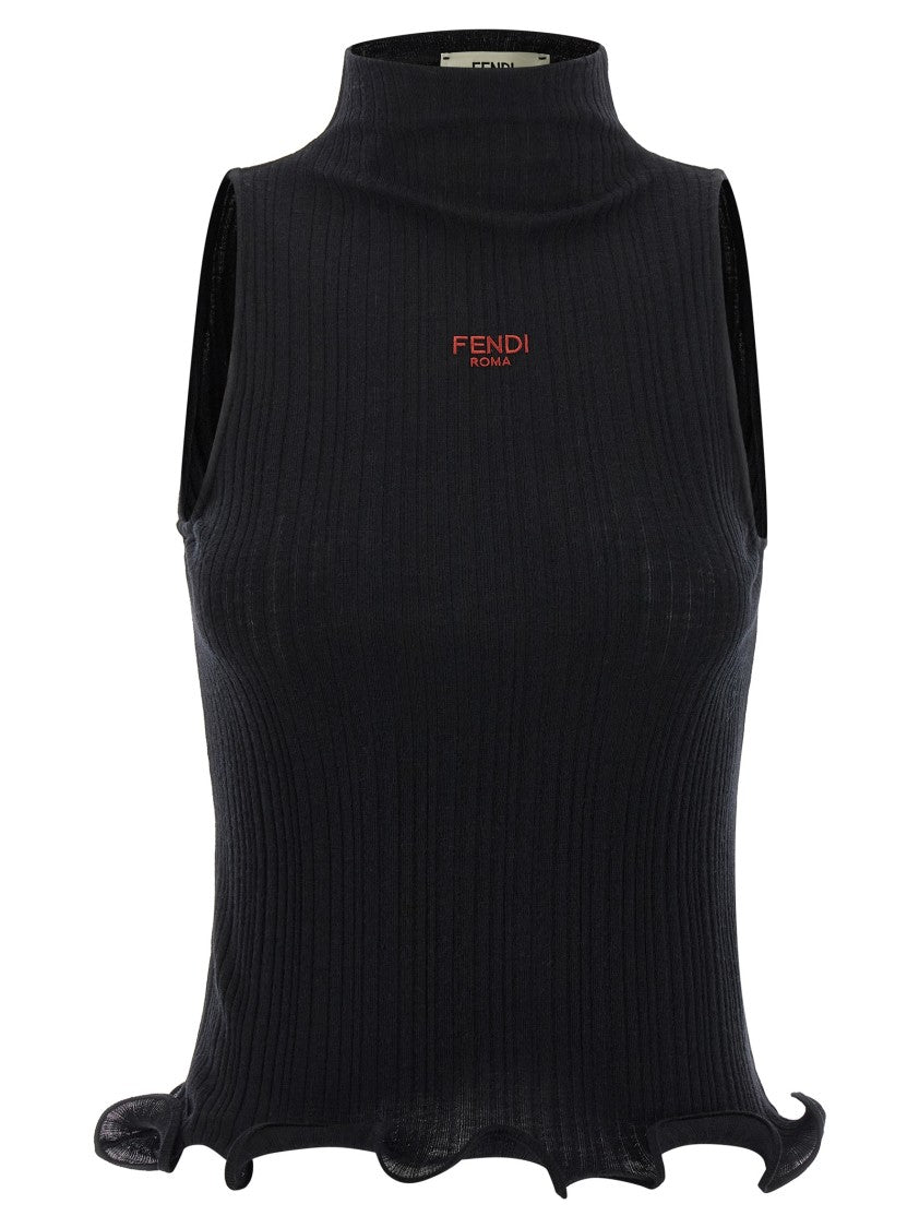 Fendi High Neck Ribbed Cotton Jersey Top With Ruffled Hem