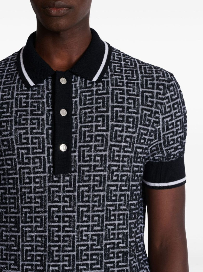 Balmain Black Merino Wool Patterned Jacquard Polo