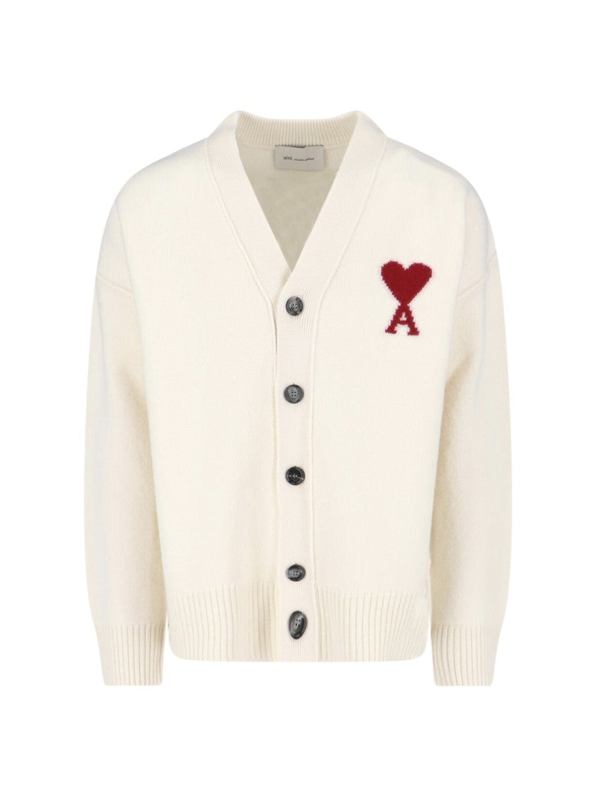 Ami Paris Cream Ami De Coeur Virgin Cardigan