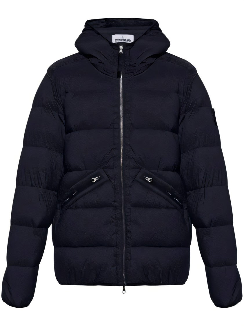 Stone Island Quilted Down Coat With Hood And Zippered Pockets