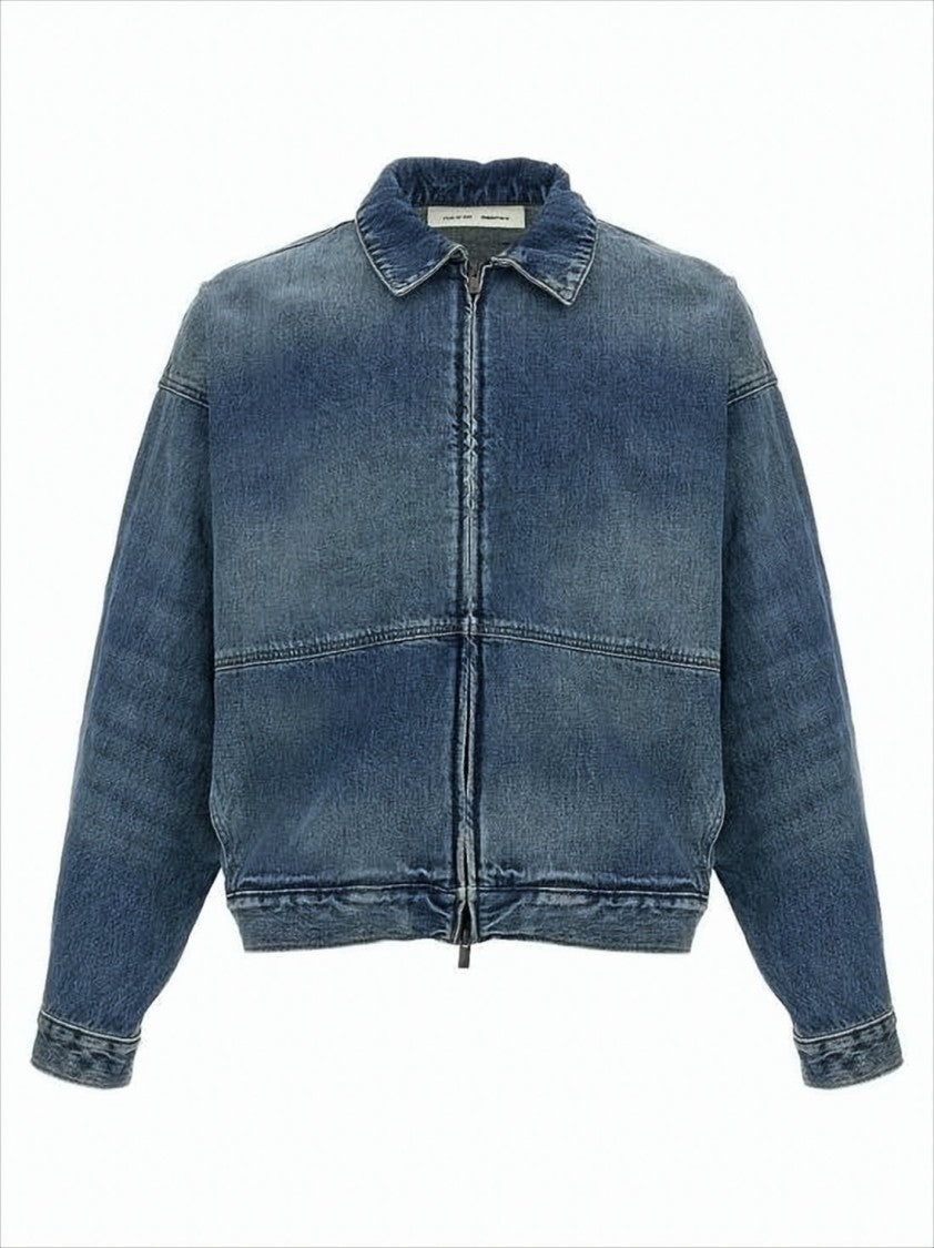 Fear Of God Medium Blue Wash Denim Jacket With Cropped Fit And Whiskering Details