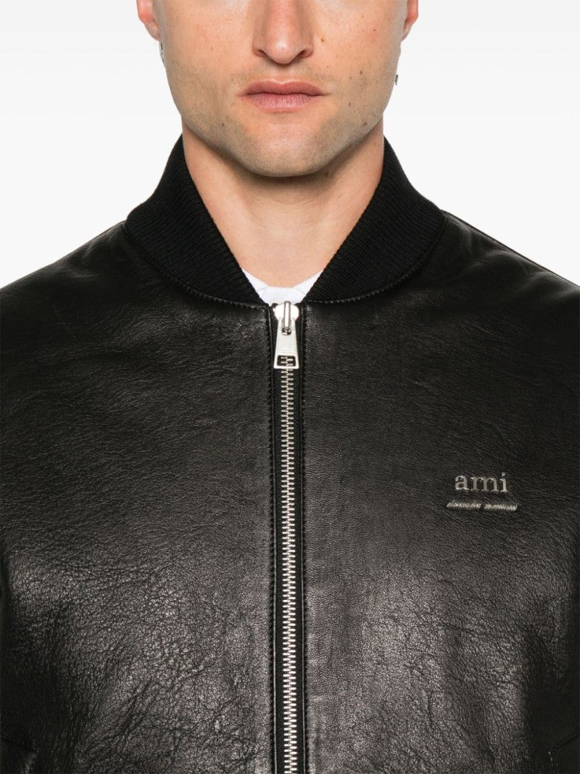 Ami Paris Collarless Black Calf Leather Jacket