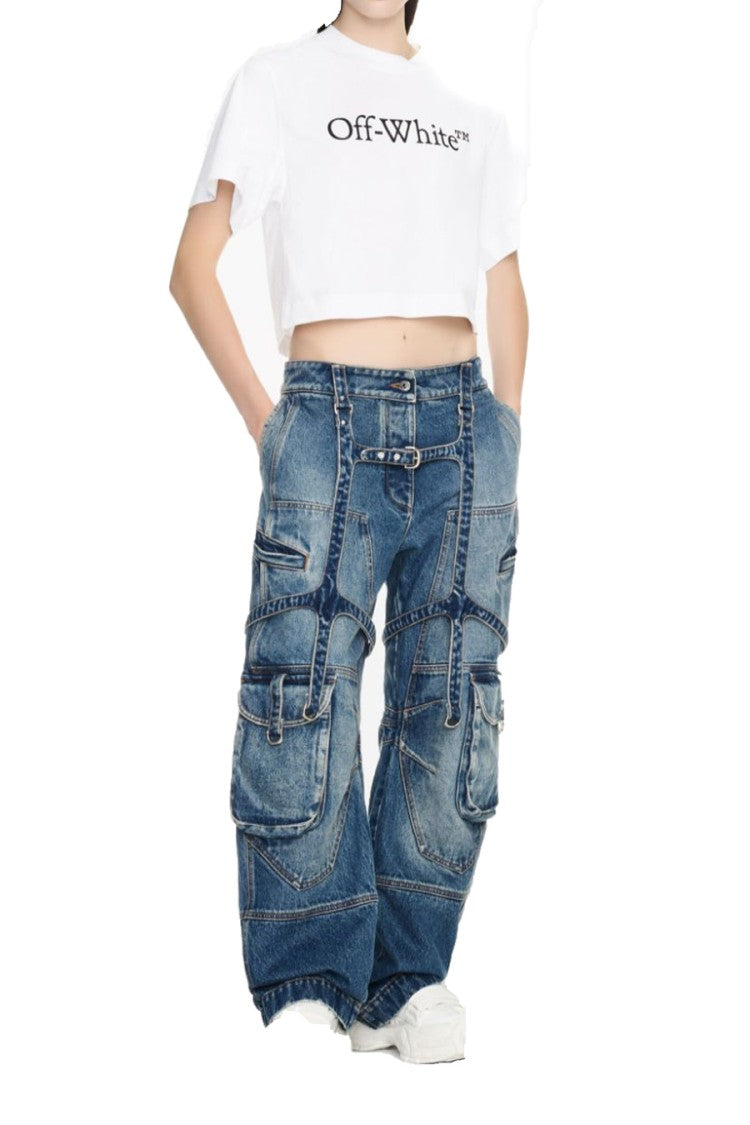 Off-White Blue Cargo Over Cotton Wide-Leg Jeans
