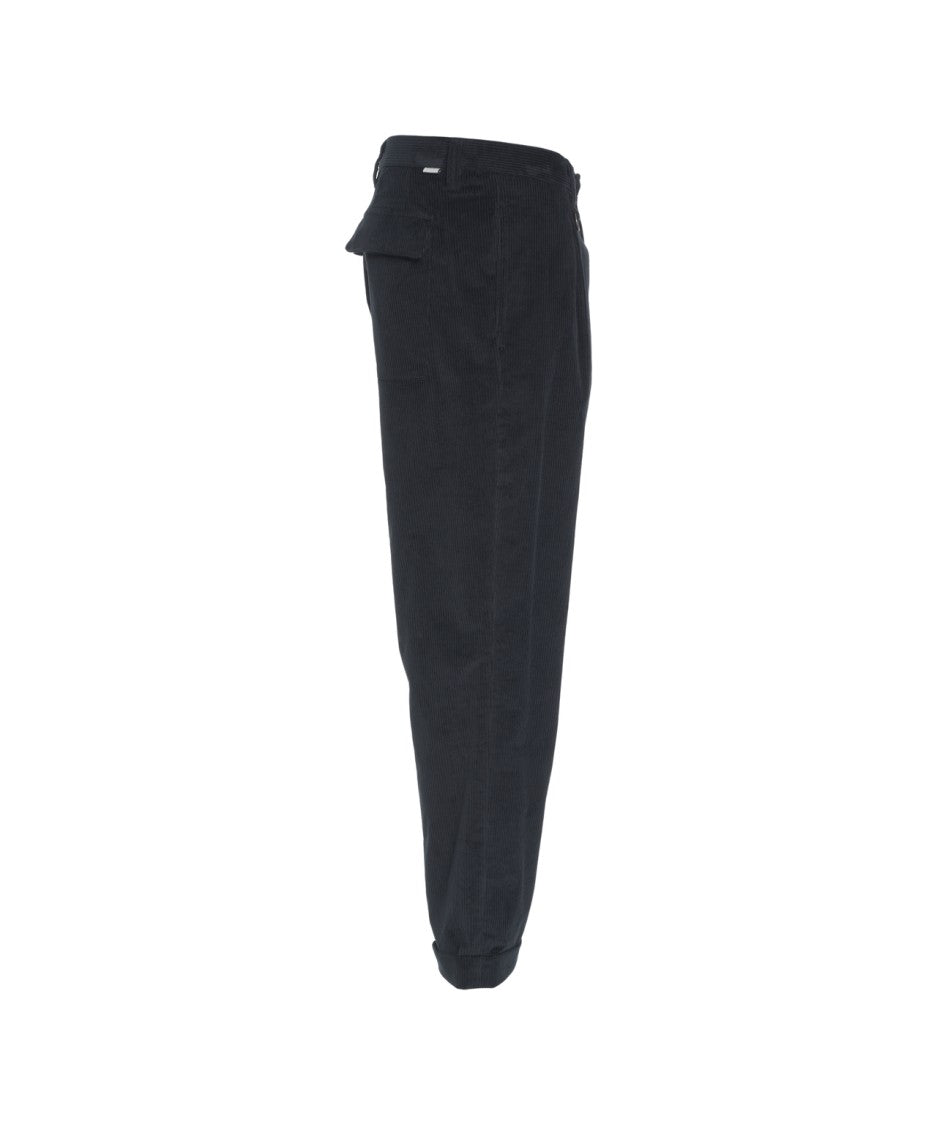 Paolo Pecora Classic Fit Black Corduroy Trousers With Stylish Pleats