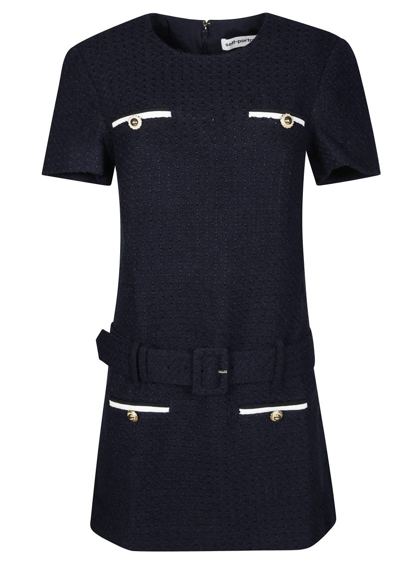 Self-Portrait Textured Boucle Mini Dress With Belted Waist And Gold-Tone Accents
