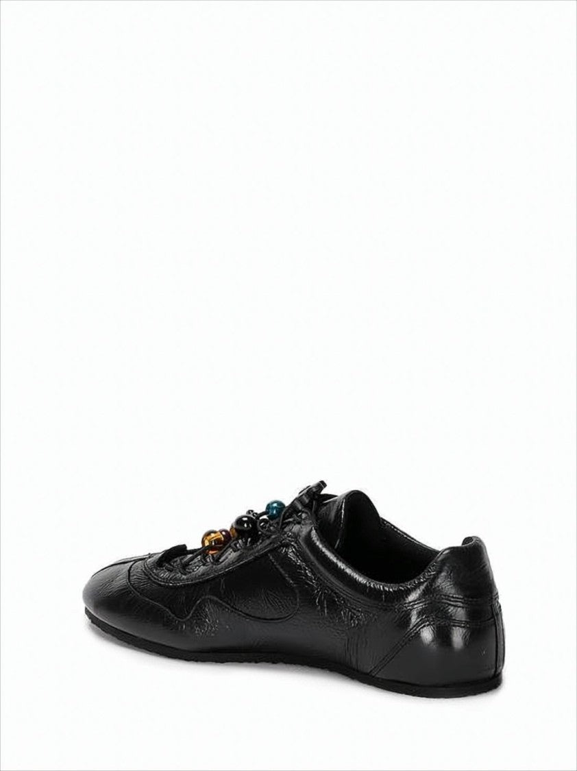 Cecilie Bahnsen Pointed Toe Black Cowhide Flats With Floral Appliqués